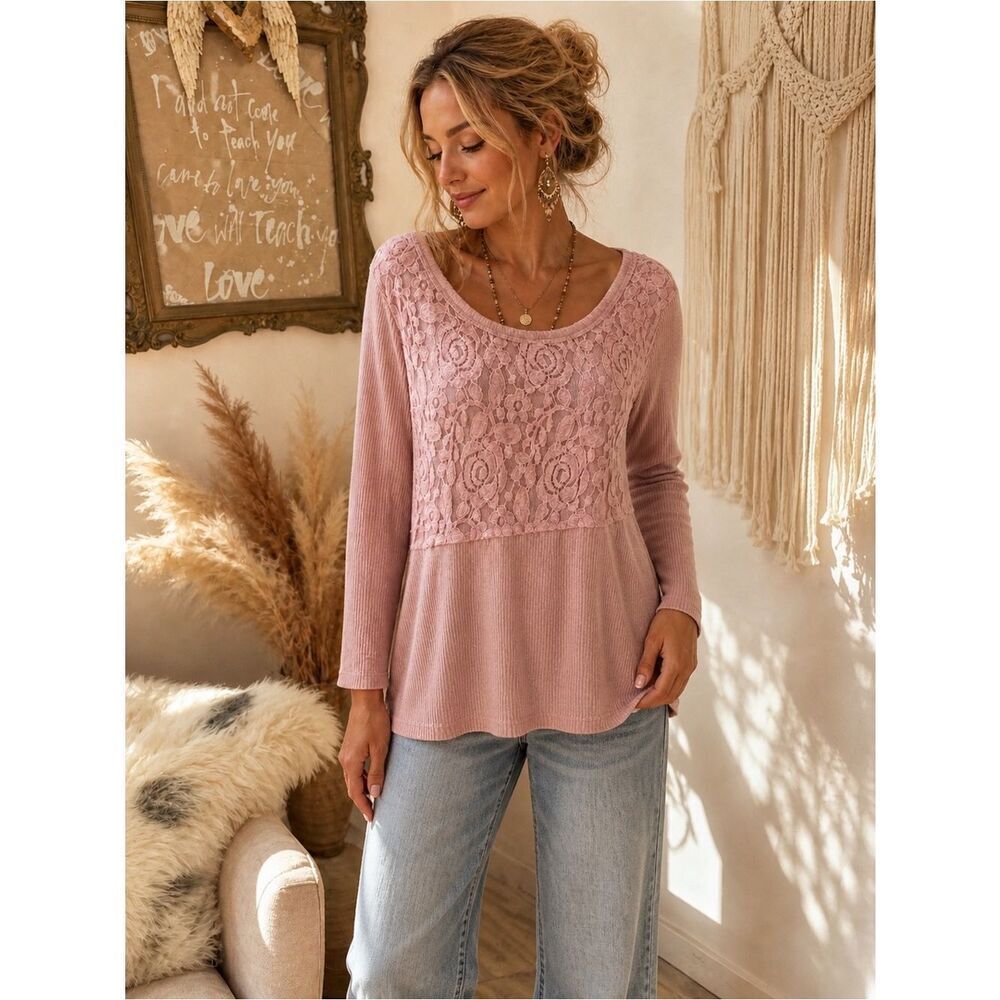 Westbound Blush Pink Lace Front Long Sleeve Boho Chic Tunic Top